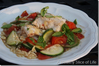 Summer Vegetable & Orzo with Braised Cod-side view