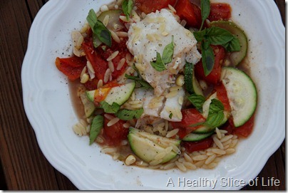 Summer Vegetable & Orzo with Braised Cod-top view