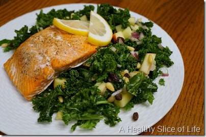 WIAW- kale and fruit salad- with salmon