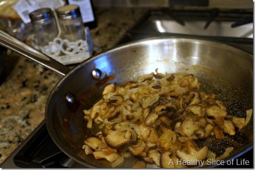 harris teeter season eatings - caramelized onions and mushroom goat cheese crostini- mushrooms and onions