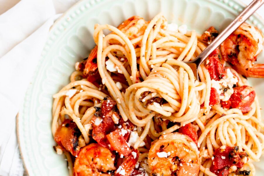 Pan Seared Shrimp with Tomatoes, Feta, and Garlic - Savory Tooth