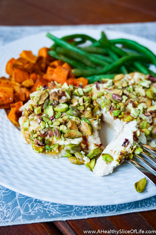 goat cheese and pistachio baked chicken dinner