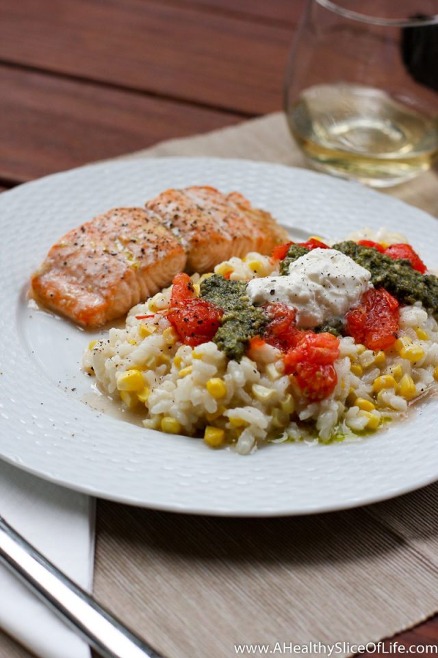 summer corn risotto with salmon