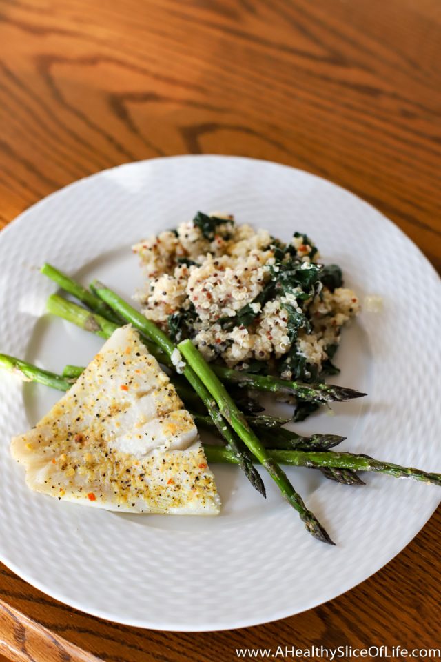 Baked Haddock with Roasted Asparagus and Kale and Quinoa Pilaf