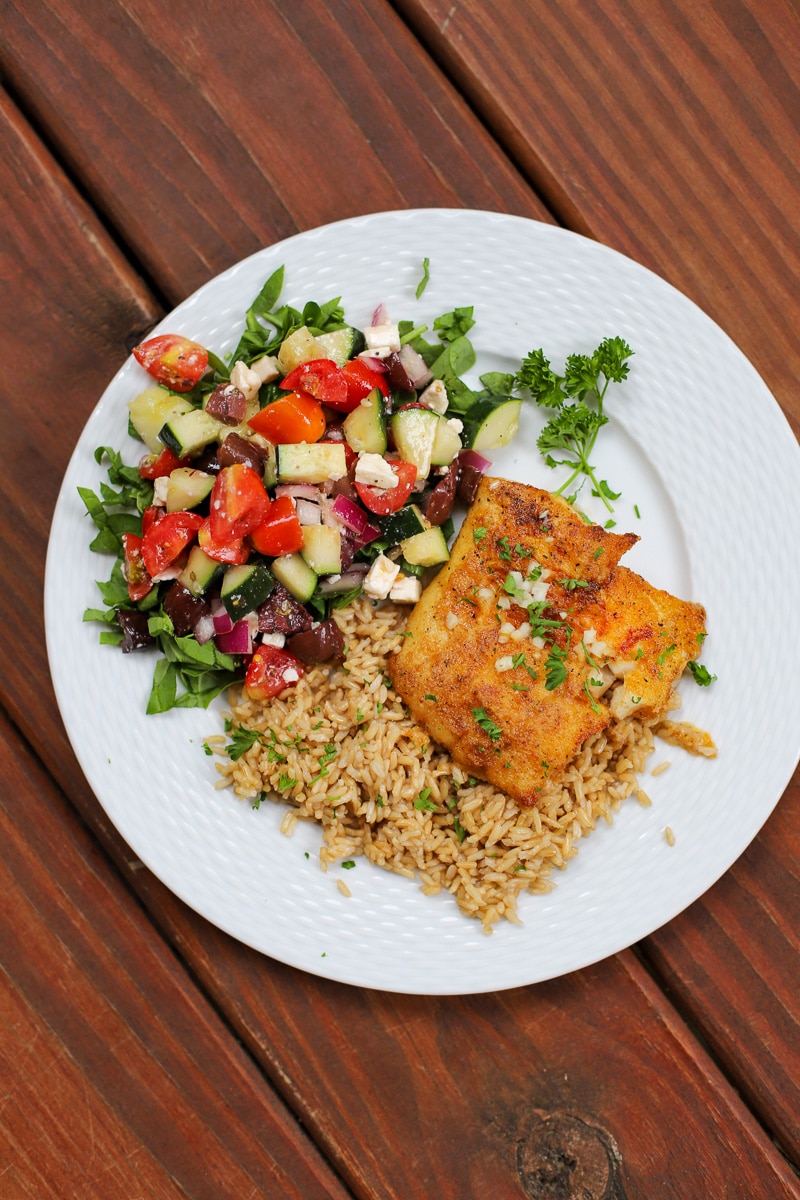 A Healthy Slice of Life - dinner - mediterranean baked cod with greek salad