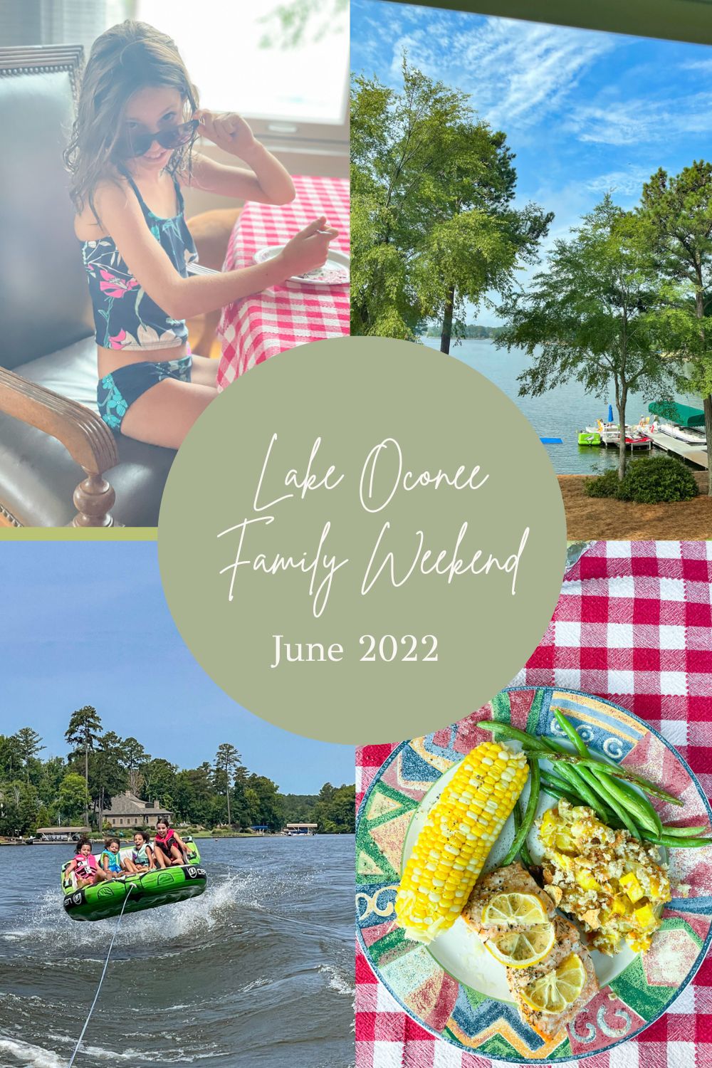 A family enjoying a day at Lake Oconee, with kids playing in the background
