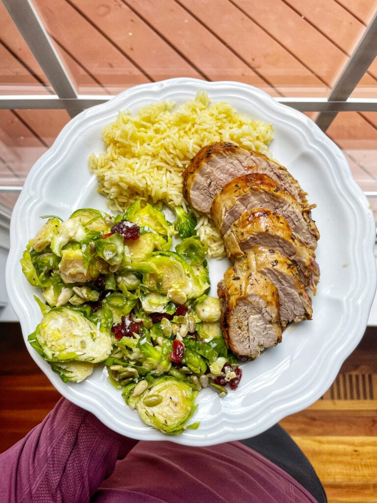 Pork Tenderloin Over Rice with Roasted Brussels