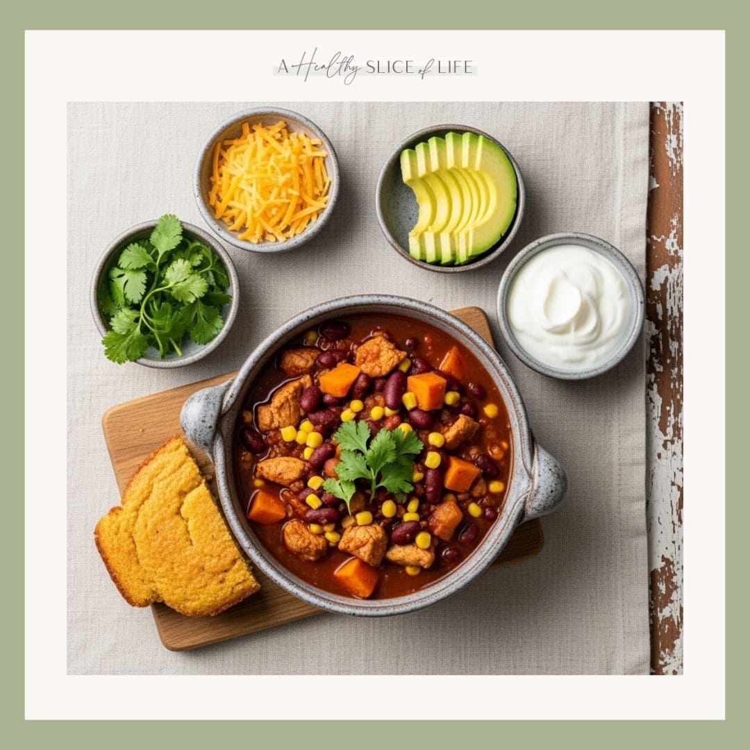 Bowl of chili with cornbread, cheese, avocado, sour cream, and cilantro.