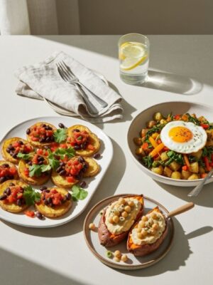Three plated potato-based dishes including tostadas, a veggie hash with a fried egg, and stuffed sweet potatoes, on a sunlit table with a glass of lemon water.