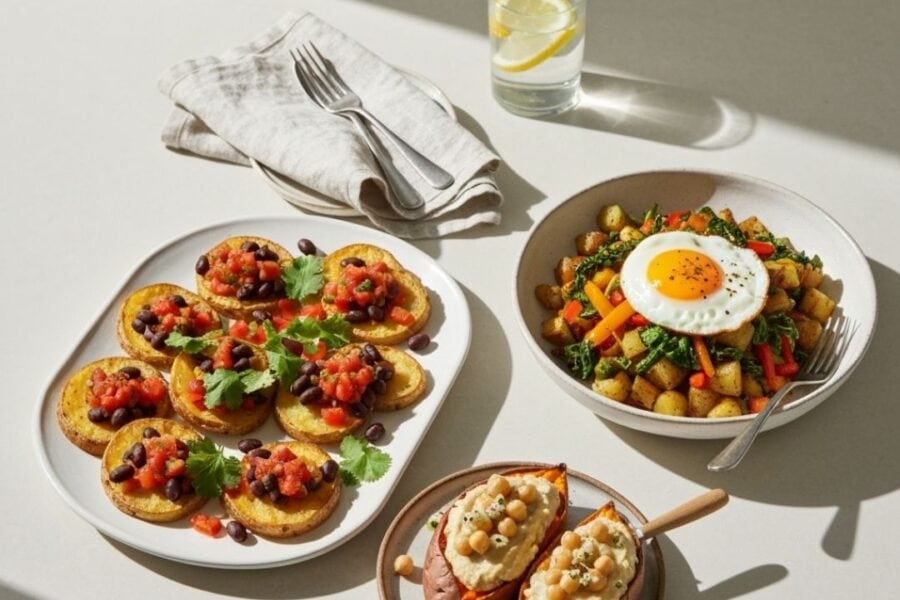 Three plated potato-based dishes including tostadas, a veggie hash with a fried egg, and stuffed sweet potatoes, on a sunlit table with a glass of lemon water.