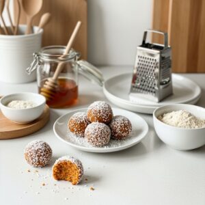 Carrot coconut energy balls on a plate with ingredients around
