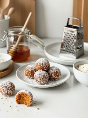 Carrot coconut energy balls on a plate with ingredients around
