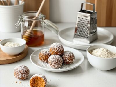 Carrot coconut energy balls on a plate with ingredients around