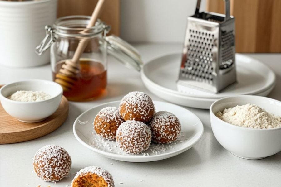 Carrot coconut energy balls on a plate with ingredients around