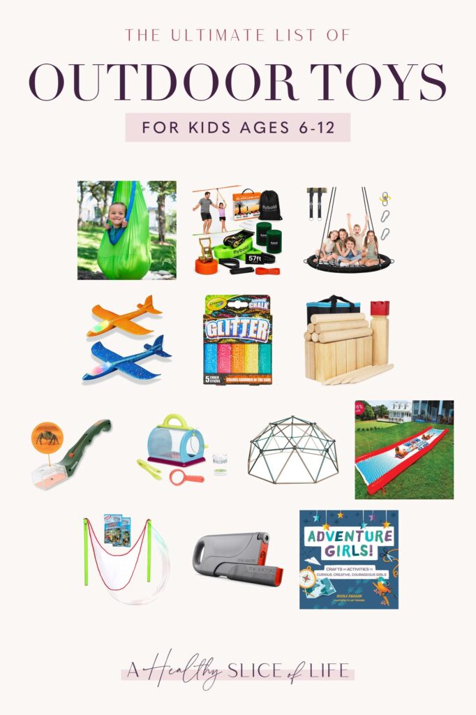 Best Outdoor Toys For Kids - Master Best outdoor toys for kids: collage of 13 favorites, including Sky Nook Hanging Hideaway, Slack Line, Spider Web Swing and LED Airplane 2-Pack