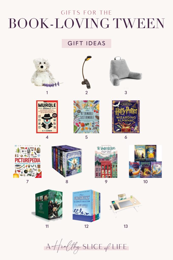Gift guide for tween girls: 13 numbered gifts for the book-loving tween, including Warmies, a book light, Murdle and Keeper of the Lost Cities