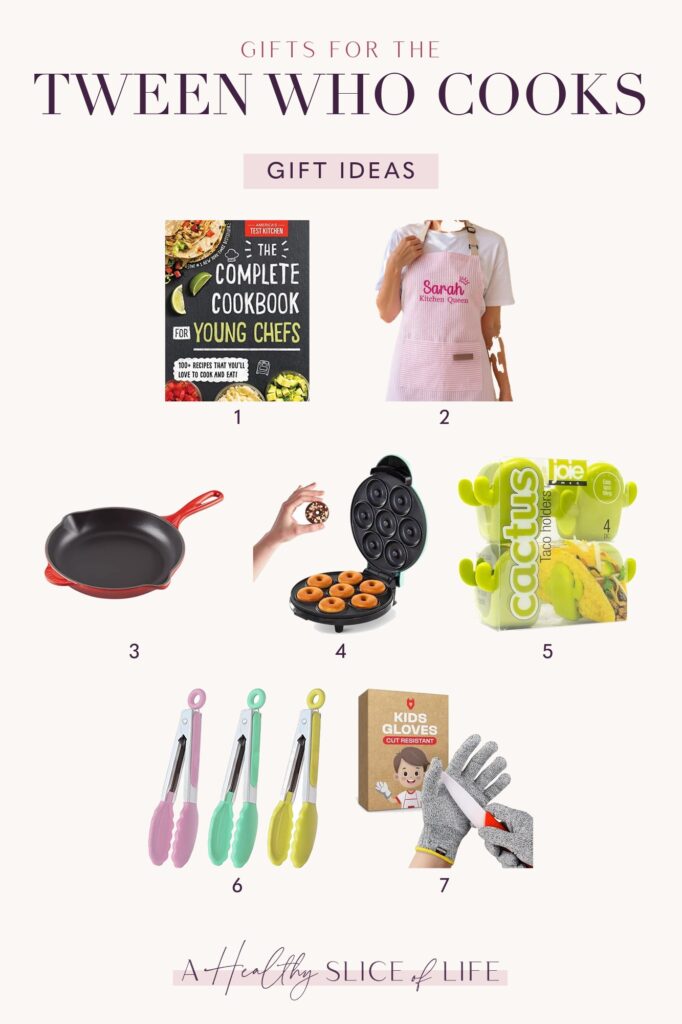 Cooking gifts for tween girls: a kids cookbook, personalized apron, Le Creuset skillet, mini donut maker, tongs and cut gloves