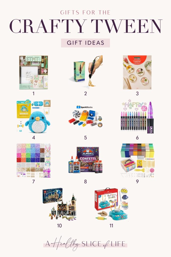 Gift guide for tween girls: 11 numbered craft gifts including a journal set, 3Doodler pen, Woobles crochet kit and pottery wheel