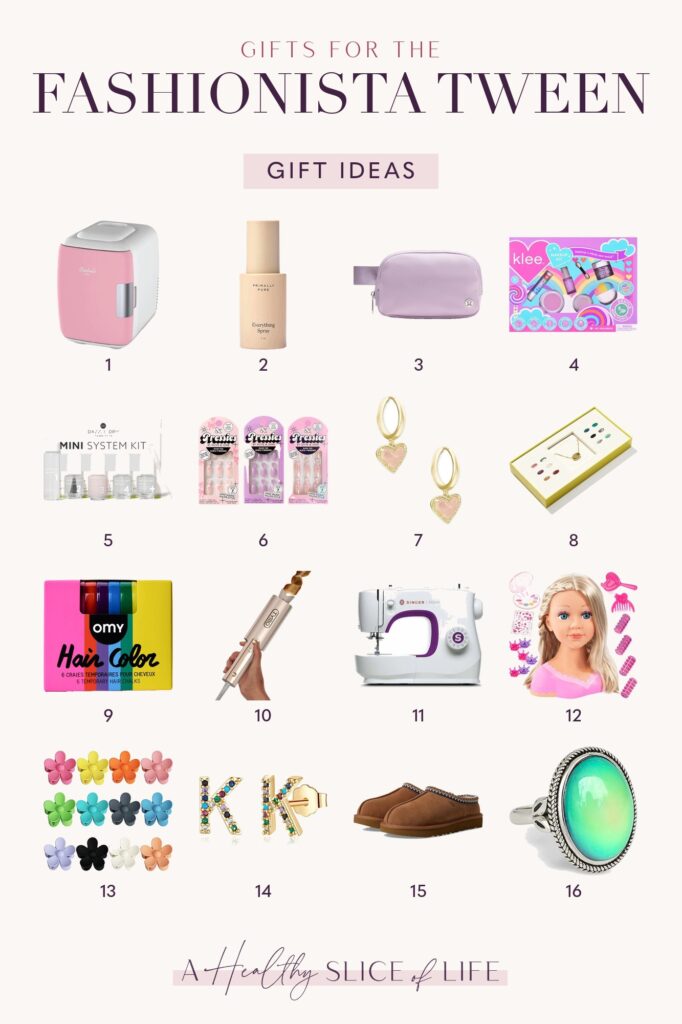 Fashion gifts for tween girls: a mini fridge, Lululemon belt bag, Klee makeup kit, flower claws, UGG Tasman slippers and more