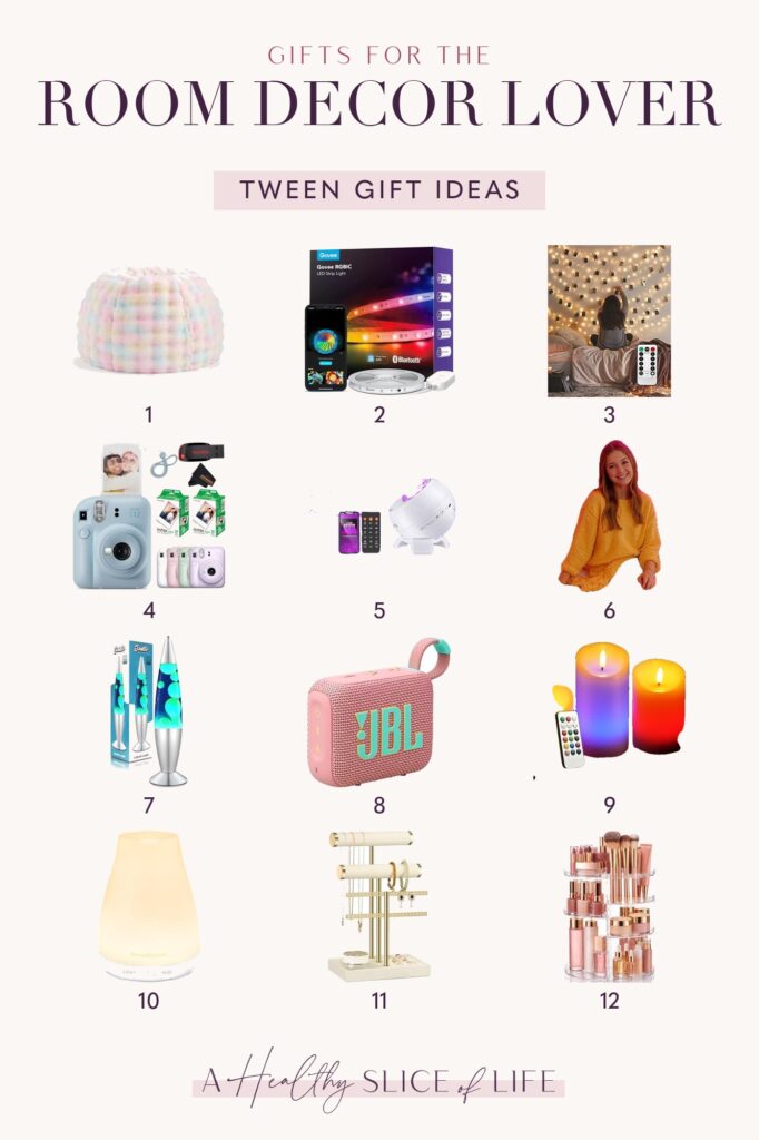 Gift guide for tween girls: 12 numbered room decor gifts including a bean bag chair, Instax camera, lava lamp and JBL speaker