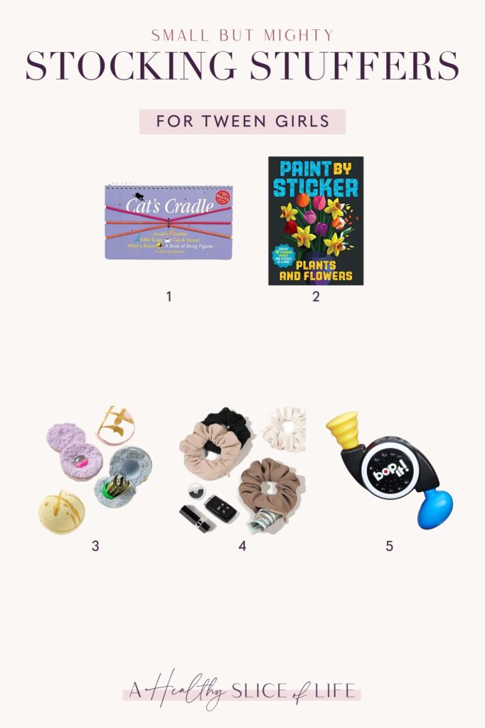 Stocking stuffers for tween girls: Cat’s Cradle, Paint by Sticker, bath bombs, hidden pocket scrunchies and Mini Bop It