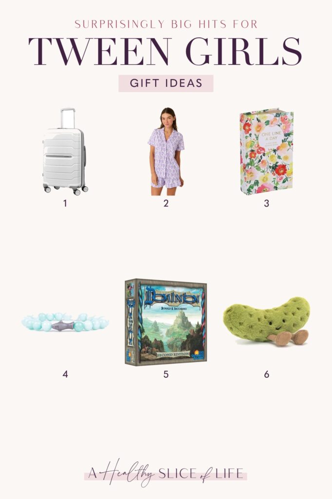 Surprising gifts for tween girls: Samsonite spinner, Roller Rabbit pajamas, One Line a Day journal, Dominion and a Jellycat pickle