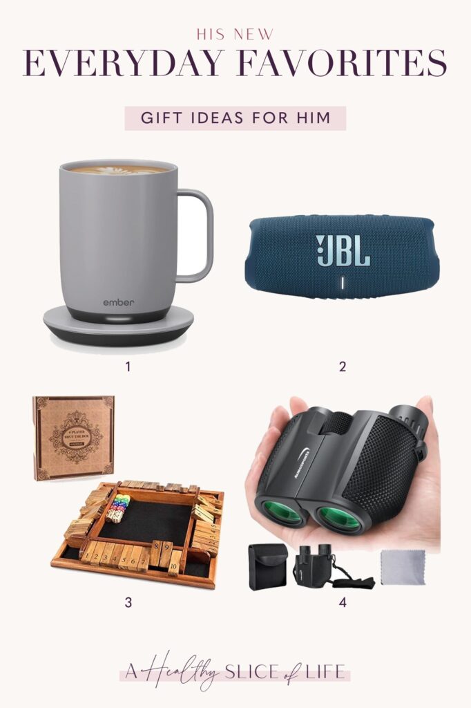 Gift Ideas for Husbands - Everyday Favorites Everyday gift ideas for husbands: heated smart mug, waterproof Bluetooth speaker, Shut the Box game and compact binoculars