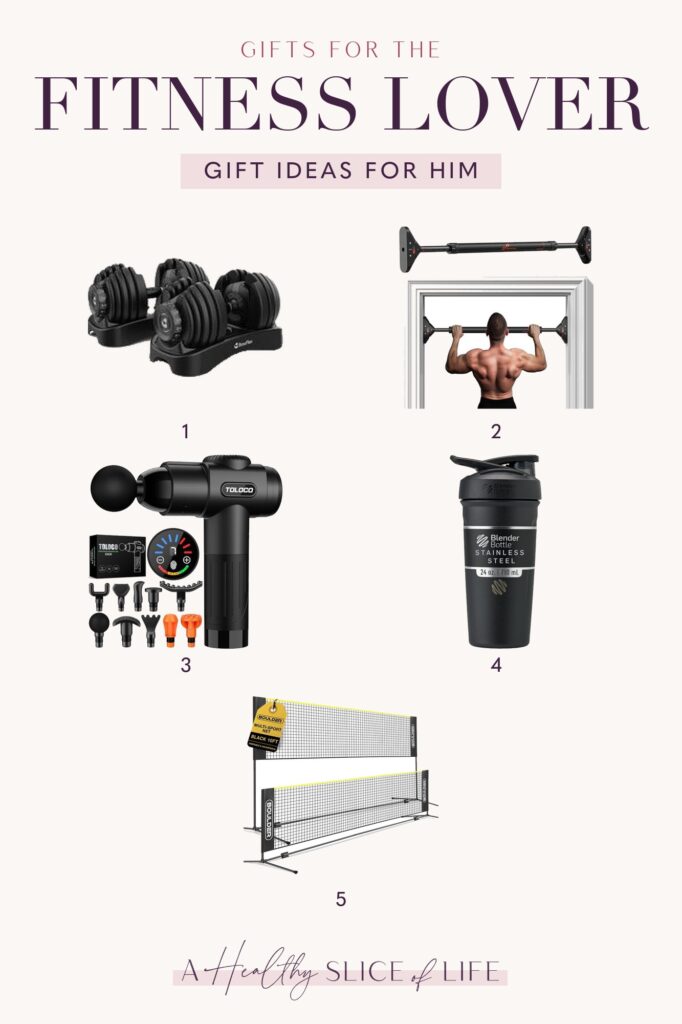 Gift Ideas for Husbands - Fitness Lover Gift ideas for husbands who work out: adjustable dumbbells, doorway pull-up bar, massage gun, insulated shaker bottle and pickleball net