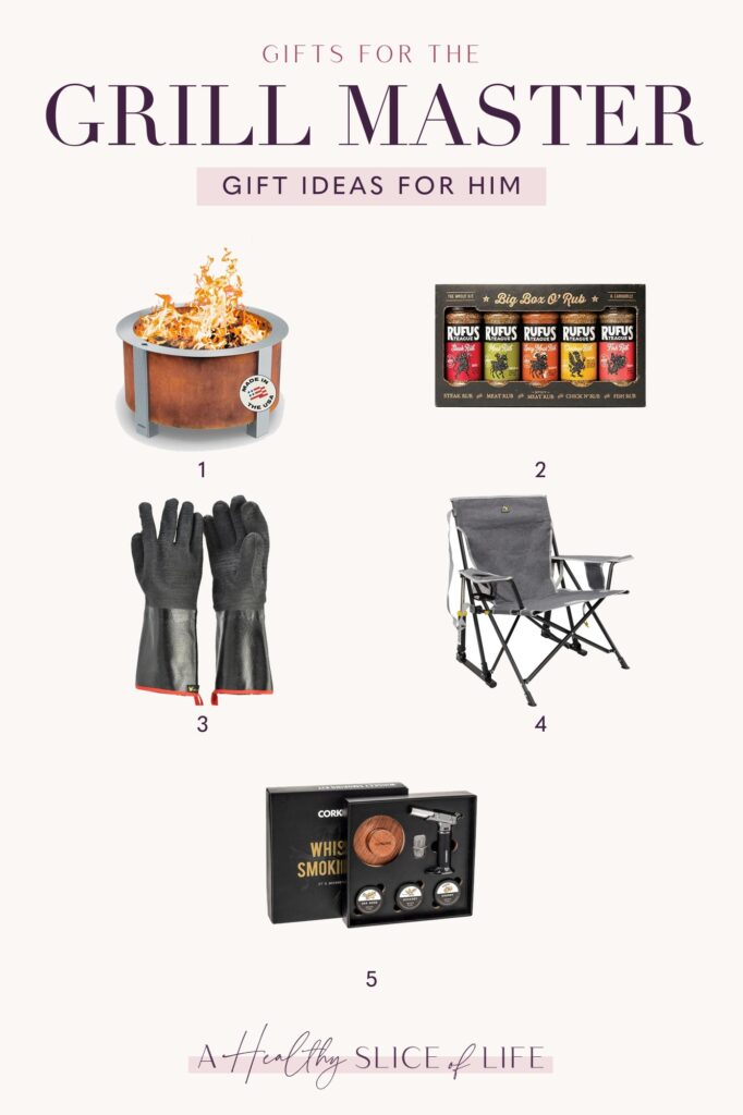 Gift Ideas for Husbands - Grill Master Gift ideas for husbands who love to grill: smokeless fire pit, BBQ rub set, grill gloves, rocking camp chair and whiskey smoking kit