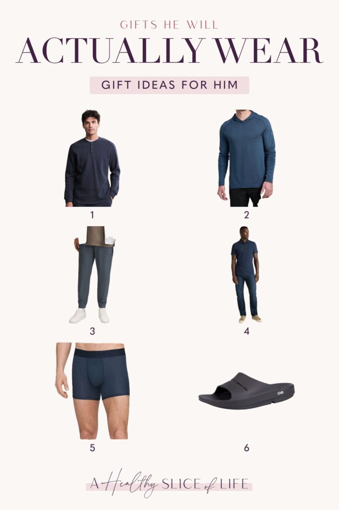 Gifts He Will Actually Wear Clothing gifts for men: waffle henley, sun hoody, joggers, jeans, trunks and recovery slides